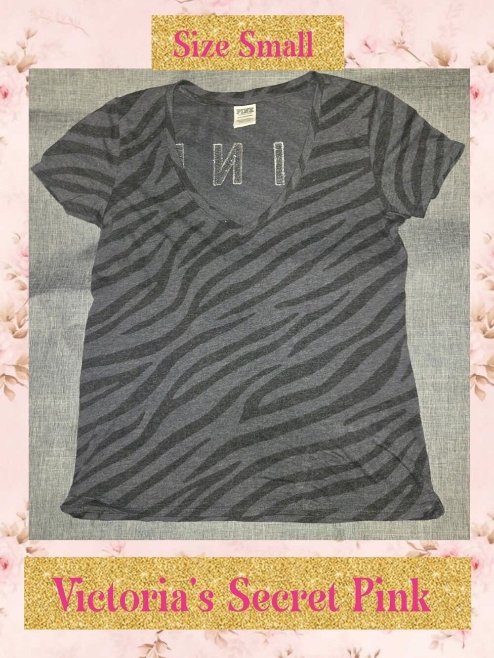 PINK Victoria's Secret Gray Zebra V-Neck Short Sleeve Tee - Small